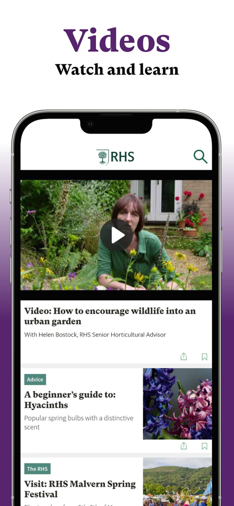 RHS The Garden - RHS The Garden app interface showing expert gardening video tutorials and advice articles.
