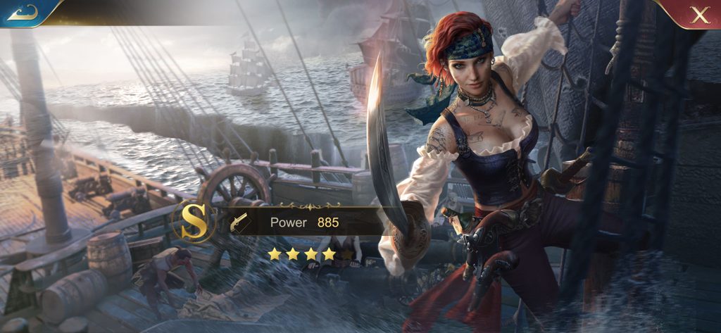Un personaje pirata femenino con un alfanje de pie en la cubierta de un barco en Guns of Glory Lost Island