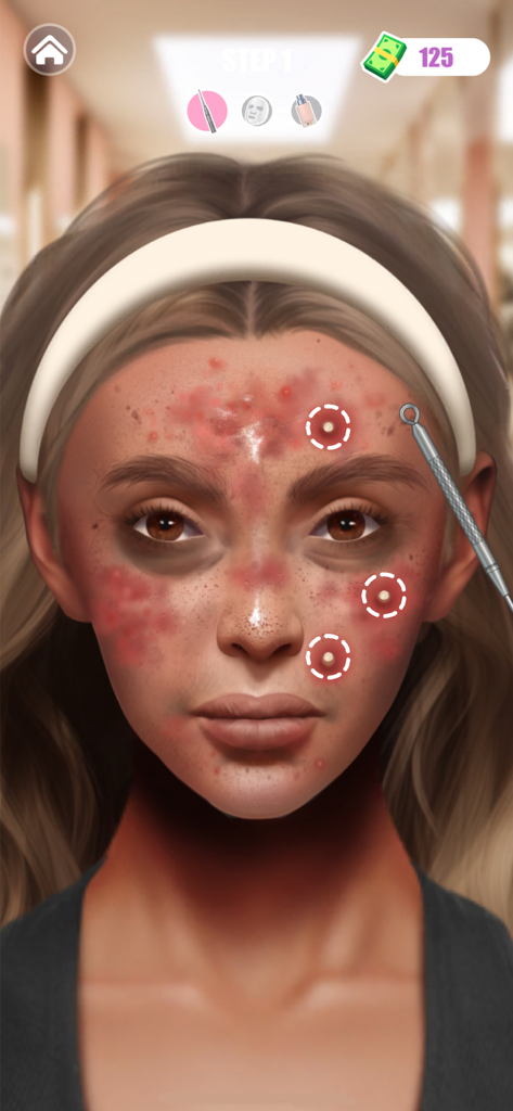 ASMR Makeover: Makeup Games - Skincare simulation gameplay showing acne treatment and pimple popping in ASMR Makeover