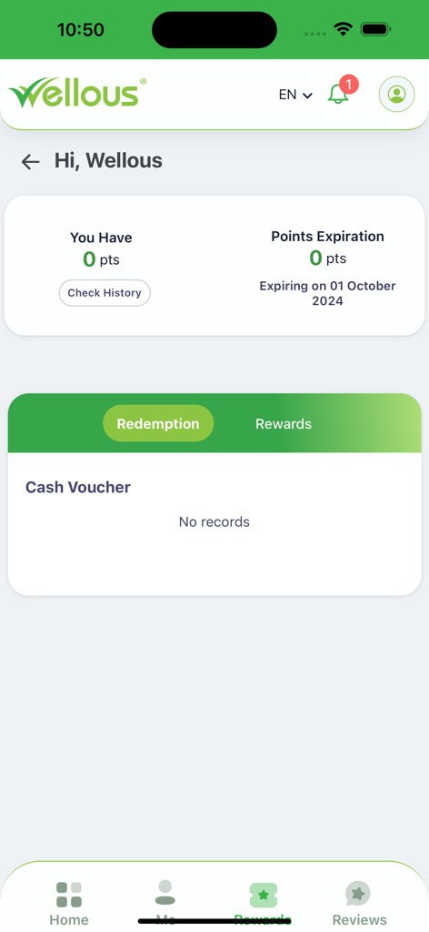 WellFam - WellFam loyalty program dashboard showing reward points and redemption history