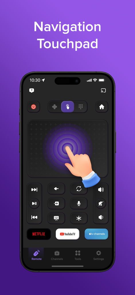 A navigation touchpad interface on a universal smart TV remote app