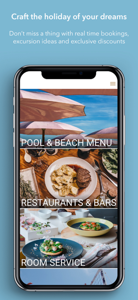 Exclusivi - Smartphone screen showing the Exclusivi app interface with options for pool and beach menus, restaurants, and room service