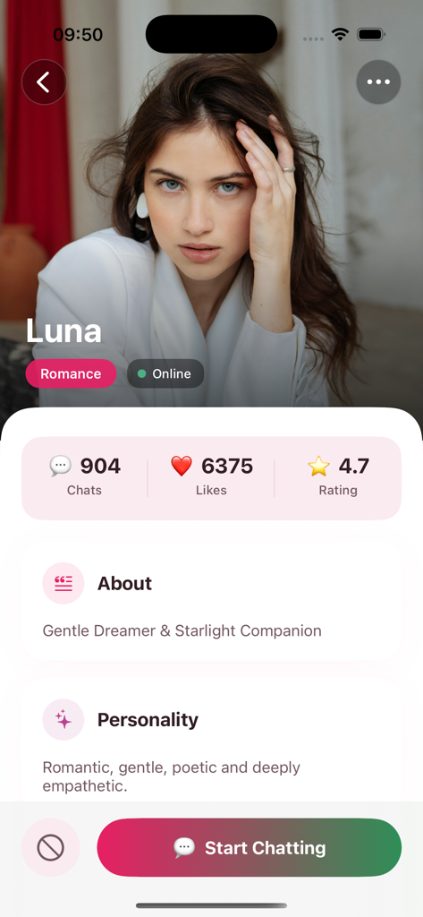 Evara - Chat & Companion - Pantalla de perfil de Luna, una compañera de IA en la aplicación Evara, que muestra sus rasgos de personalidad y estadísticas de chat.