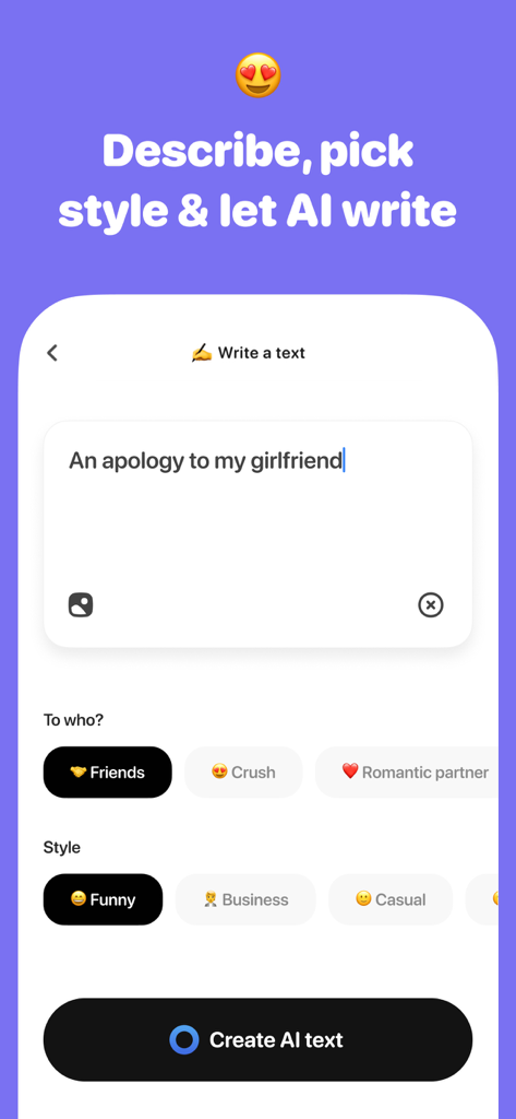 TextAI - AI Texting Assistant - TextAI app screen showing a prompt for an apology text with options for recipient and message style
