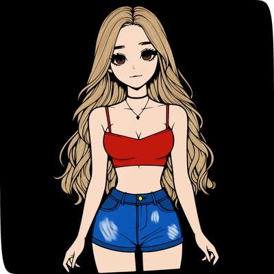 a realistic girl with long hair and in a crop top and shprts