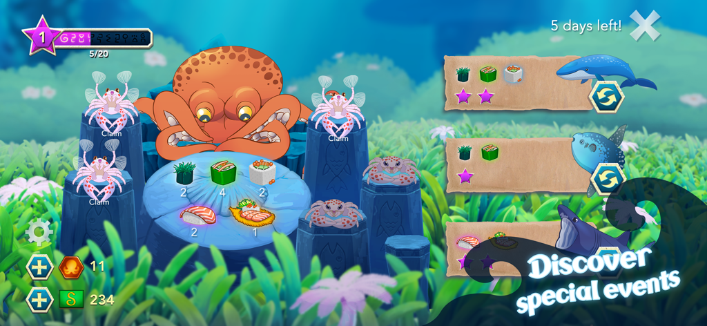 Splash — Fish Aquarium - A special event screen in Splash Fish Aquarium featuring a large orange octopus and collectible sushi items in an underwater reef.