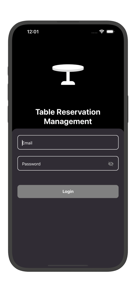 Schermata di login dell'app Tavolina per la gestione delle prenotazioni di tavoli VIP, con un'interfaccia scura e minimalista.