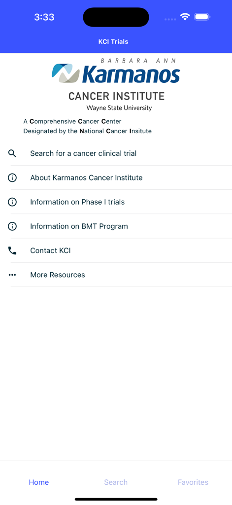 Home screen of the KCI Trials app showing the Karmanos Cancer Institute logo and menu for cancer clinical trial searches.