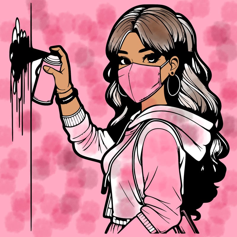 realistic girl with mask spray painting a wall