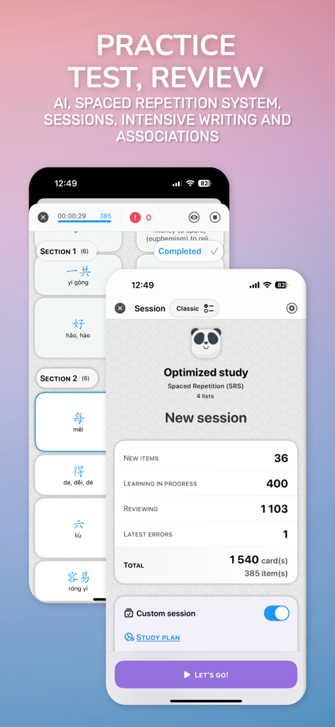 Chinese Guru - Dashboard der Chinese Guru App für optimiertes Lernen mit Spaced Repetition System und Vokabellisten.