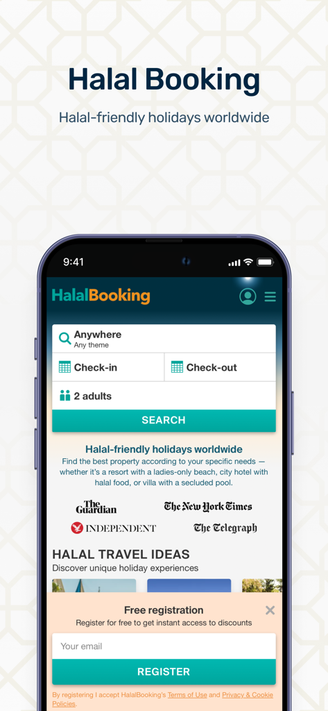 Hilal: TV-Content, Athan-Qibla - Mobile interface of the Hilal app showing the Halal Booking search tool for finding halal-friendly holidays worldwide.