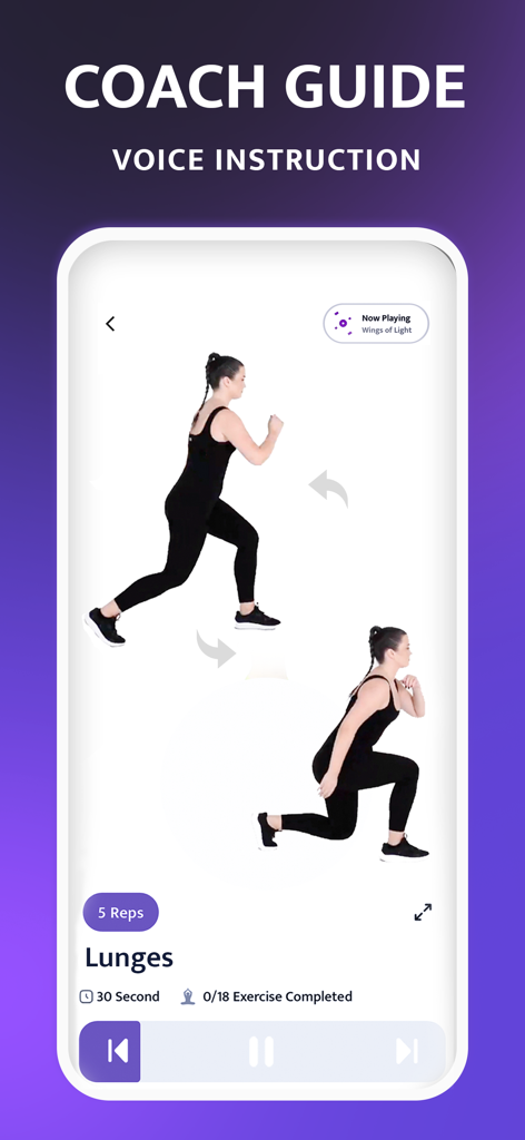 Workout for Women, Fitness - Mobile app screen showing a coach guide with voice instruction for performing lunges exercises.