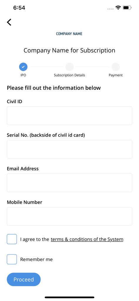 IPO Kuwait app subscription details form with fields for Civil ID and contact information.