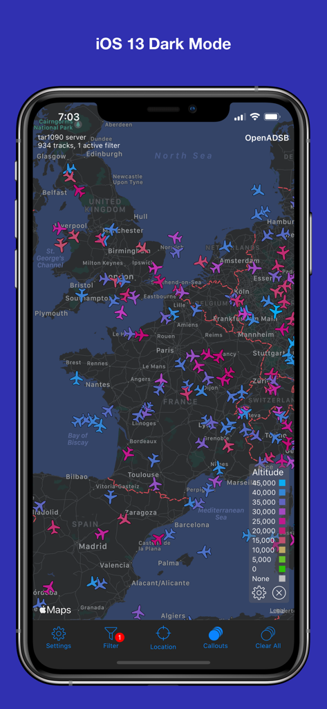 OpenADSB app interface showing a dark mode map of Europe with many flight tracks and an altitude legend.