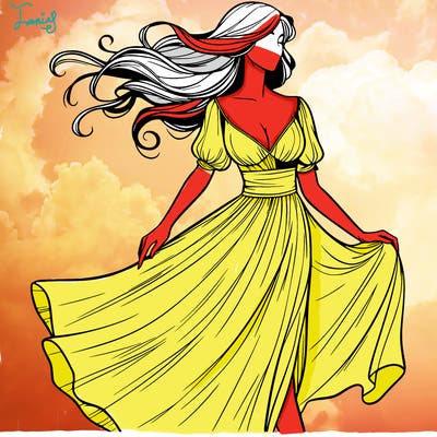 realistic woman in a dress flowing in the wind