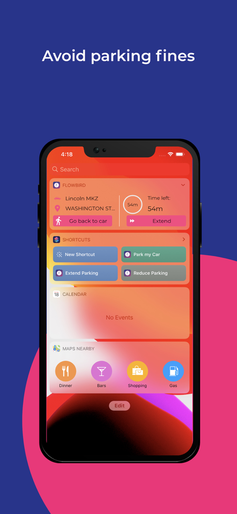 Flowbird parking app widget on an iPhone showing time remaining and option to extend parking to avoid fines