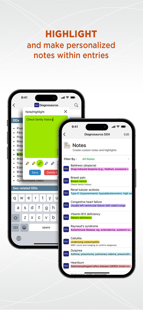 Interface of the Diagnosaurus DDx app showing the medical notes and highlighting features