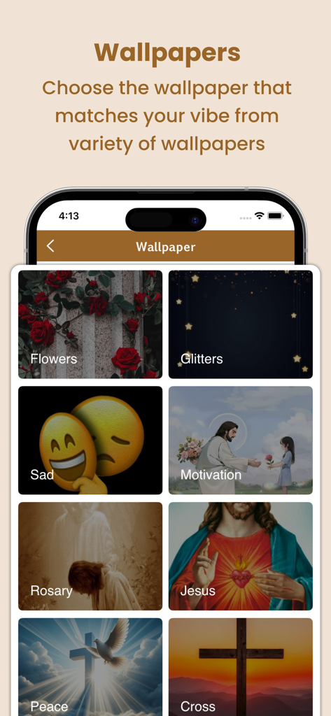 Wallpapers screen in the MBB Bible app featuring various religious and inspirational themes like Jesus, the cross, and flowers.