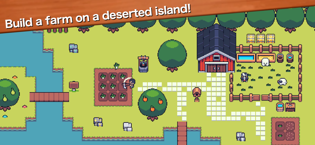 Mini Mini Farm - Um personagem colhendo plantações em uma fazenda aconchegante em pixel art com um celeiro vermelho e animais.