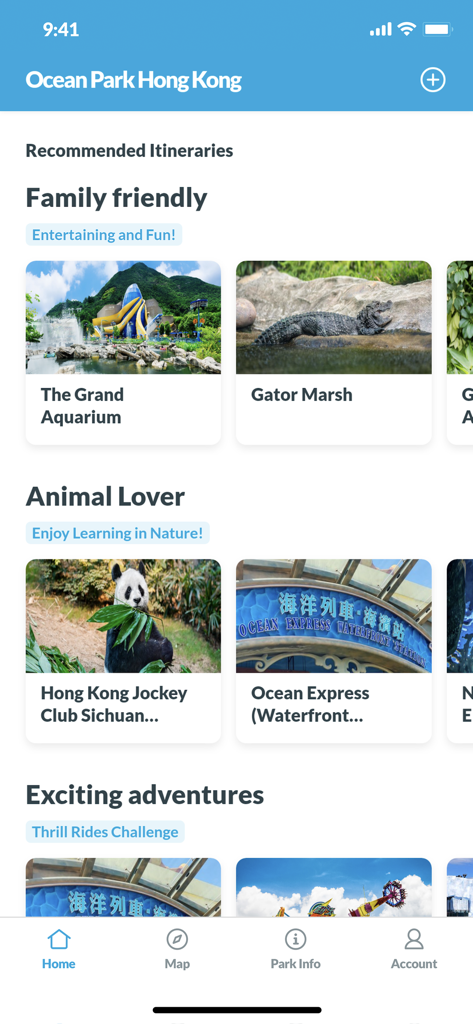 Ocean Park Hong Kong - Ocean Park Hong Kong app showing recommended itineraries for families and animal lovers