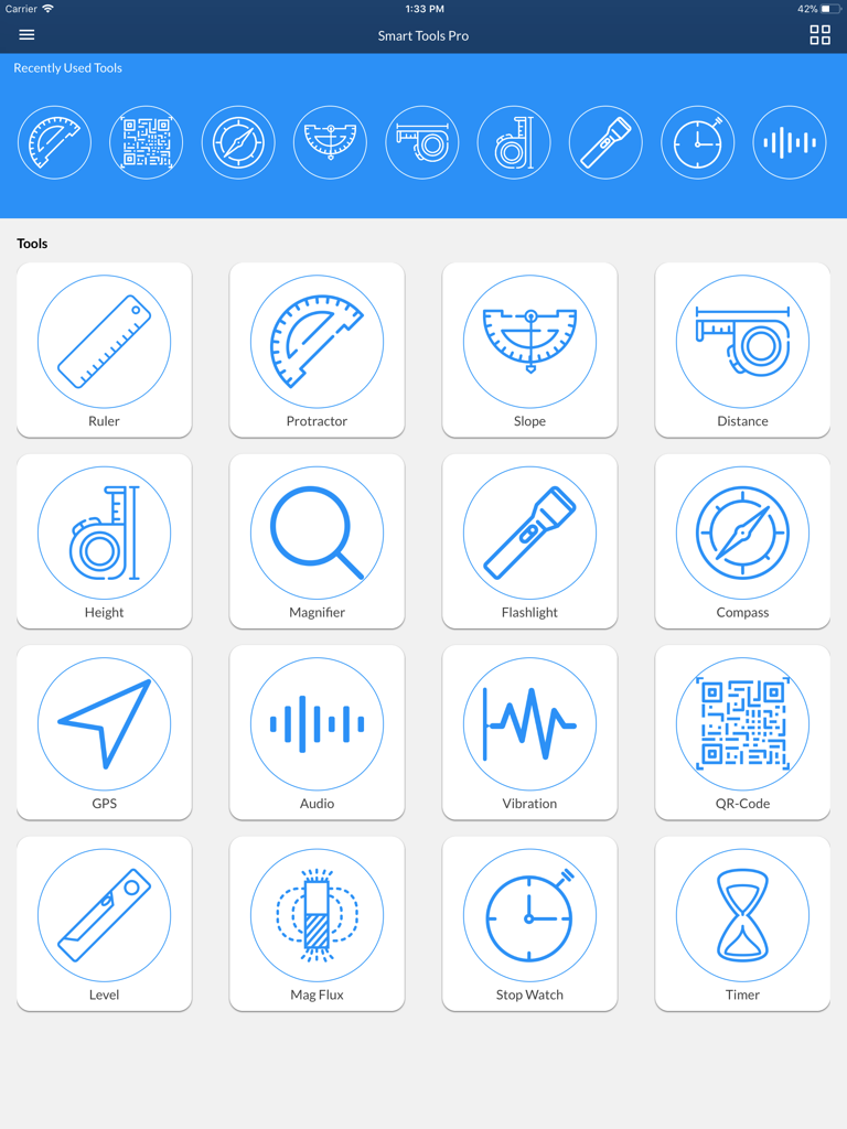 Smart Tools Pro HD - Interfaz de Smart Tools Pro HD que muestra una cuadrícula de iconos de herramientas de utilidad y medición