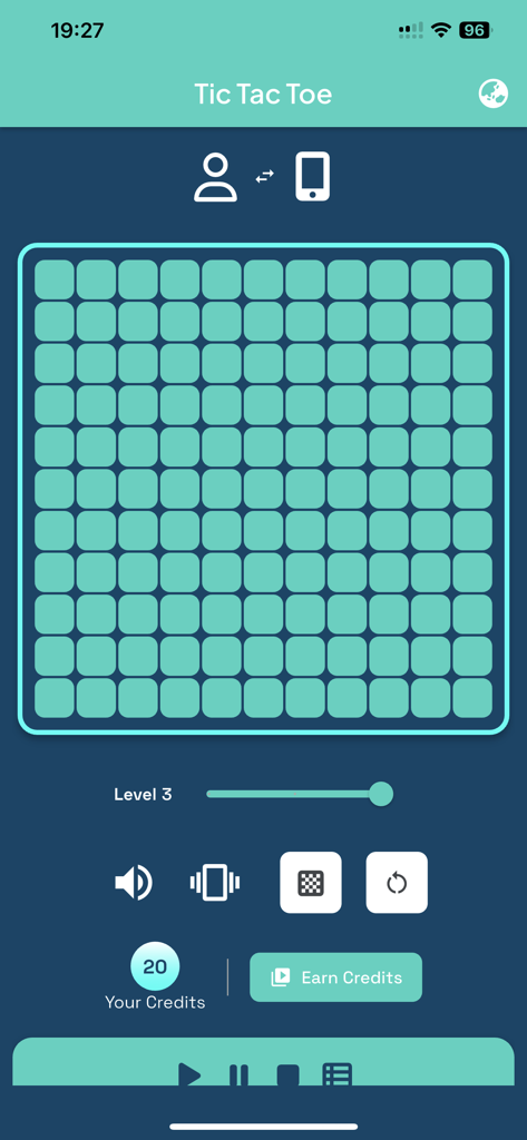 Tic Tac Toe Relaxing - A clean minimalist 10x10 game board grid for the Tic Tac Toe Relaxing mobile app with a teal and dark blue color scheme