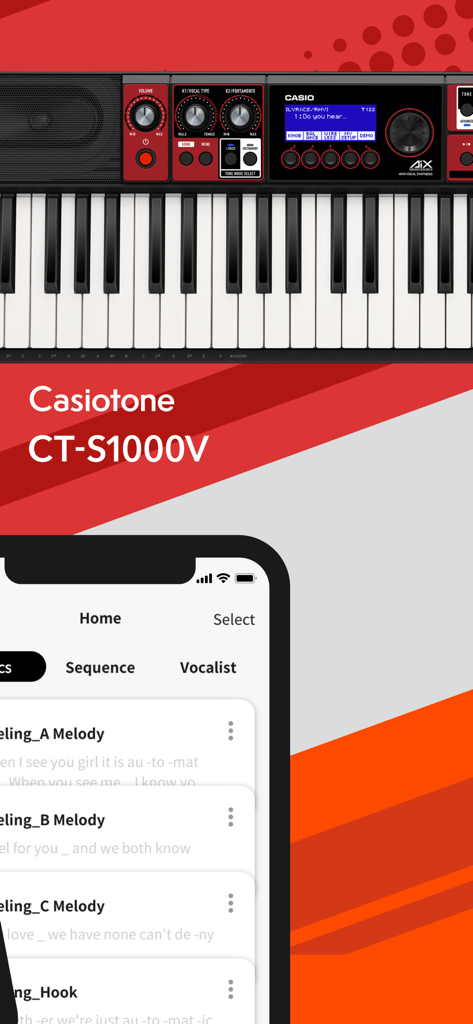 Lyric Creator - Interfaz de la aplicación Lyric Creator mostrada en un smartphone con un teclado Casio CT-S1000V