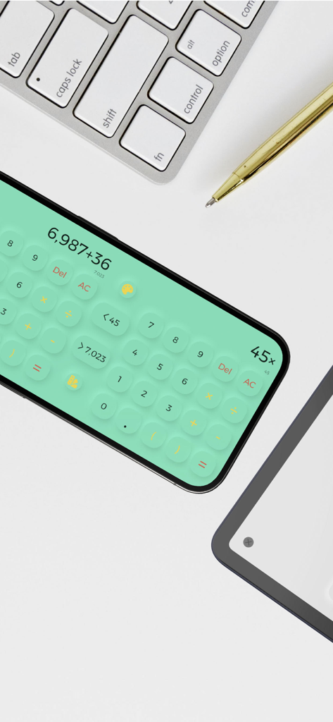 Smartphone screen showing Calculator 5 app with a dual calculator horizontal layout on a modern workspace
