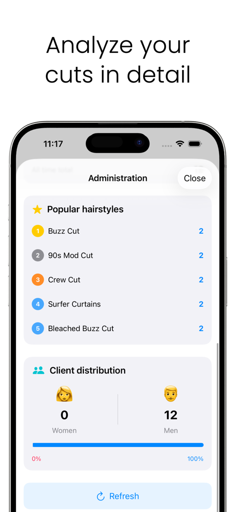 AI Haircuts Pro - Salon Tool - A professional salon dashboard displaying popular hairstyles and client demographics statistics.