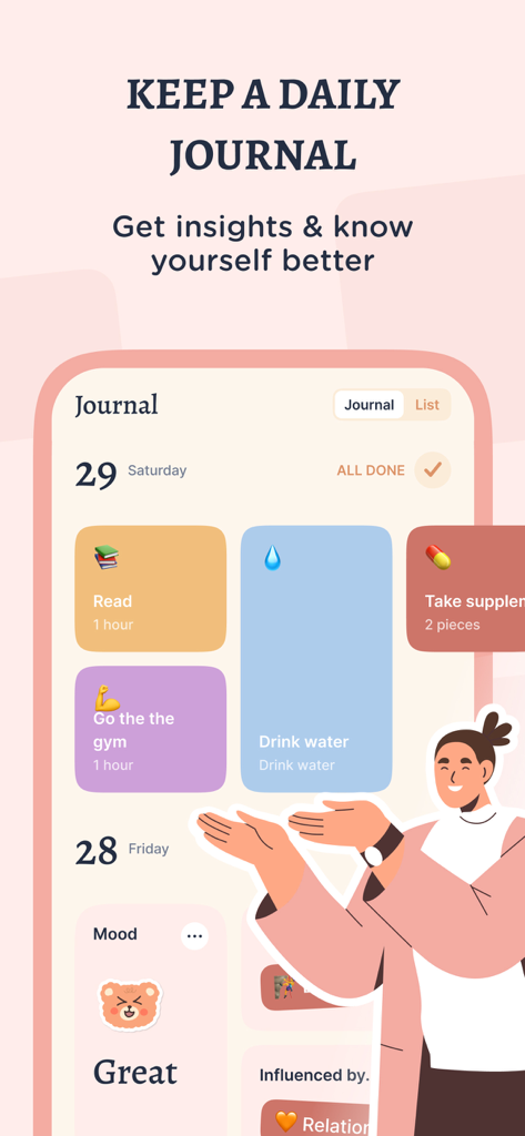The daily journal interface of the TeddyCare app showing various habit tracking tiles and a mood section