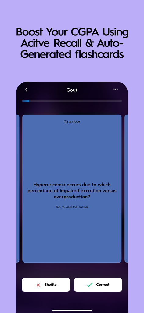 Mobile app screen showing an AI generated flashcard about Gout for active recall study
