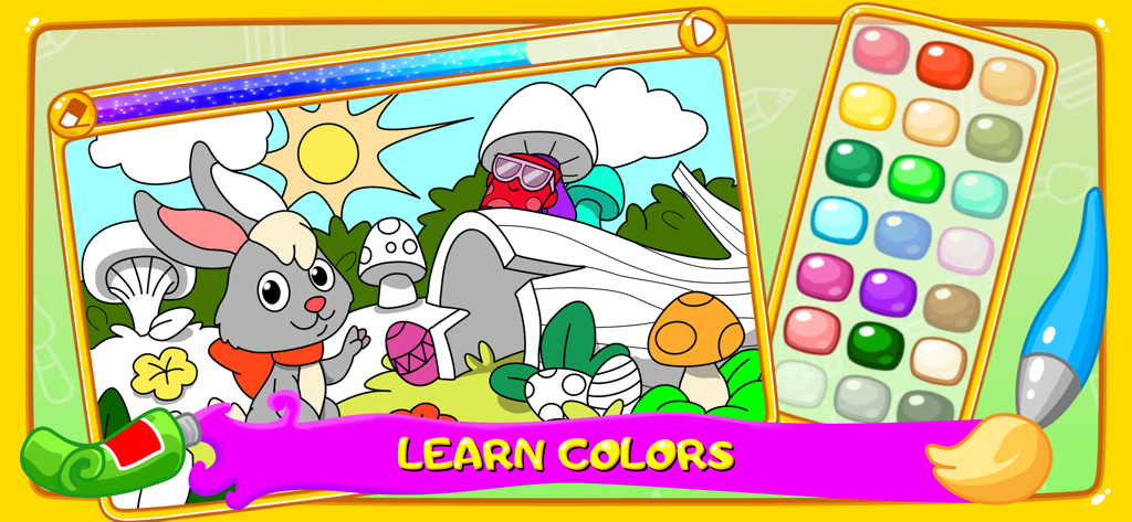 Colors for live coloring book - Una página para colorear digital para niños con un conejo y una paleta de colores