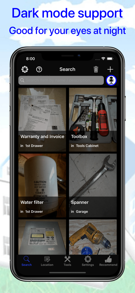 Wheres my stuff app interface in dark mode showing a visual inventory of household items like tools and documents