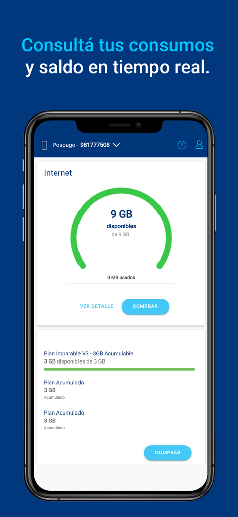 Mi Tigo Paraguay - Mi Tigo Paraguay app interface showing real-time internet data usage and available balance