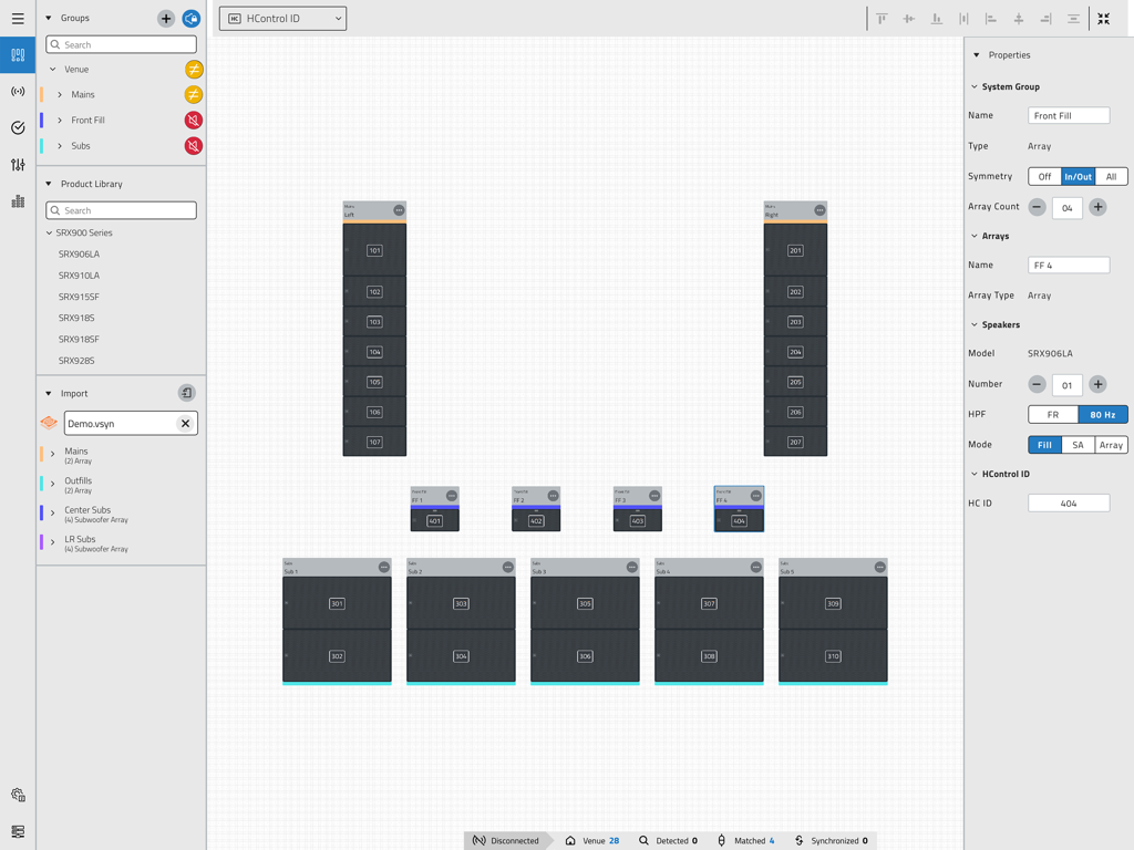JBL Performance - JBL Performance app interface showing a visual layout of speaker arrays and system properties