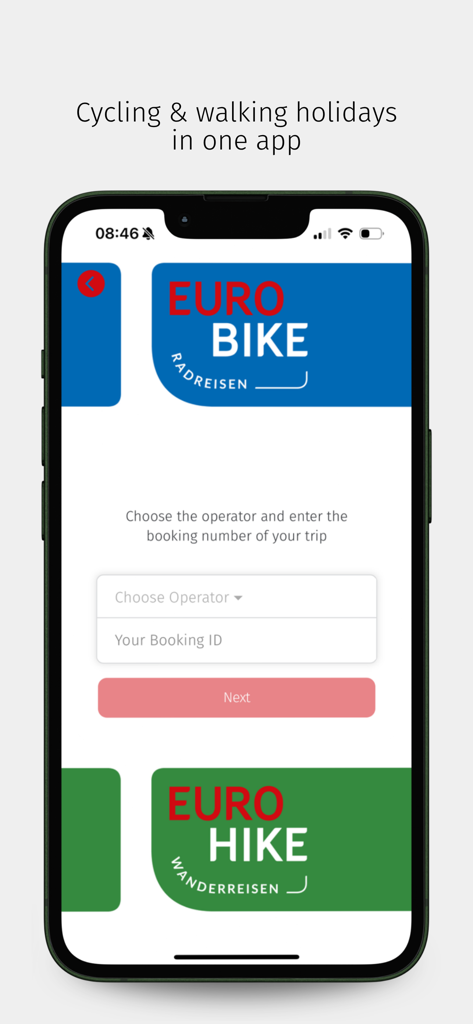 Login screen for the Eurobike and Eurohike on Tour app where users enter their trip booking ID.