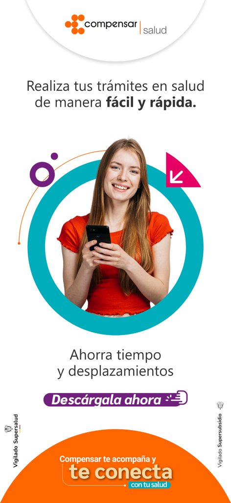 Compensar Salud - Femme utilisant un smartphone avec l'application Compensar Salud pour gérer ses démarches de santé facilement et rapidement.