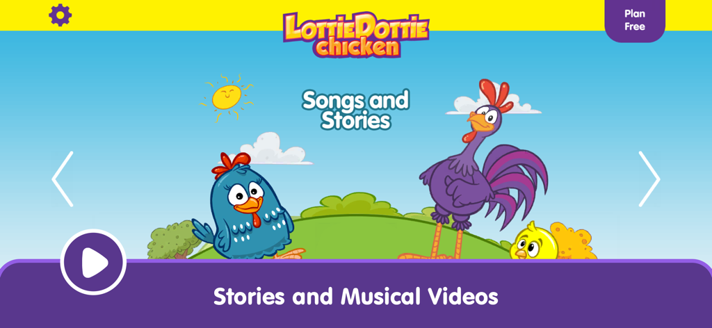Lottie Dottie Chicken app home screen for songs and stories featuring cartoon characters