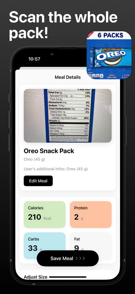 SnapKal: Photo Calorie Counter - SnapKalアプリのインターフェースに、食品パッケージのラベルをスキャンした後のカロリーとマクロ栄養素の詳細が表示されている様子