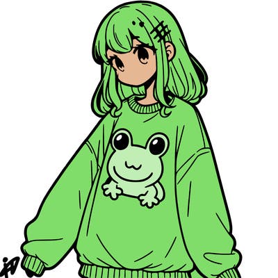 girl wearing frogging sweatshirt