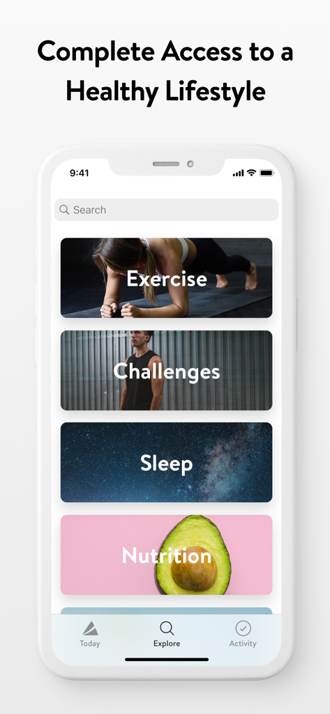 Asana Rebel App-Entdecken-Bildschirm mit Trainingsherausforderungen, Schlaf- und Ernährungskategorien.