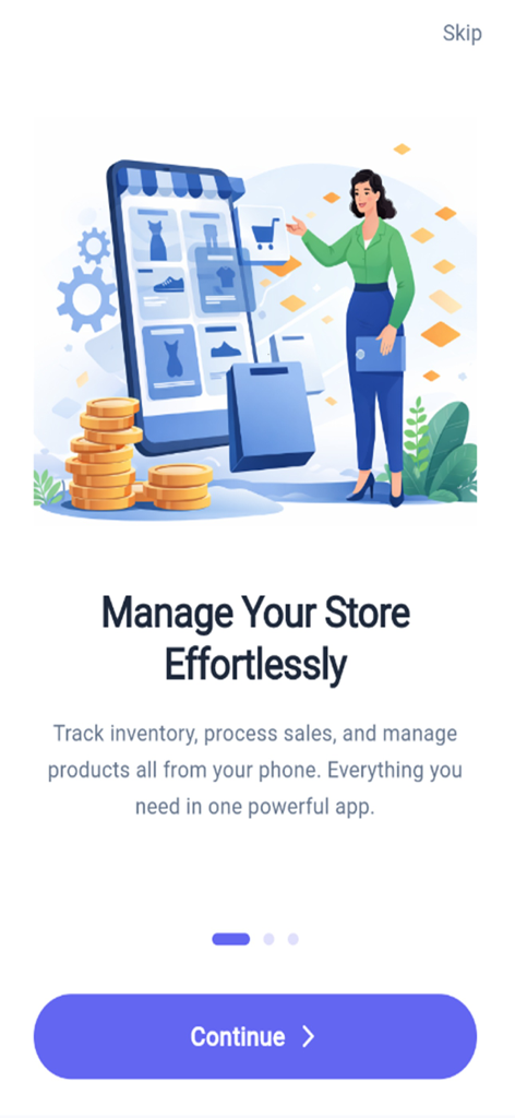 SmartBusiness Bookkeeping App - Schermata di onboarding dell'app SmartBusiness Bookkeeping che mostra un'illustrazione di un imprenditore che gestisce registri aziendali e inventario su un dispositivo mobile