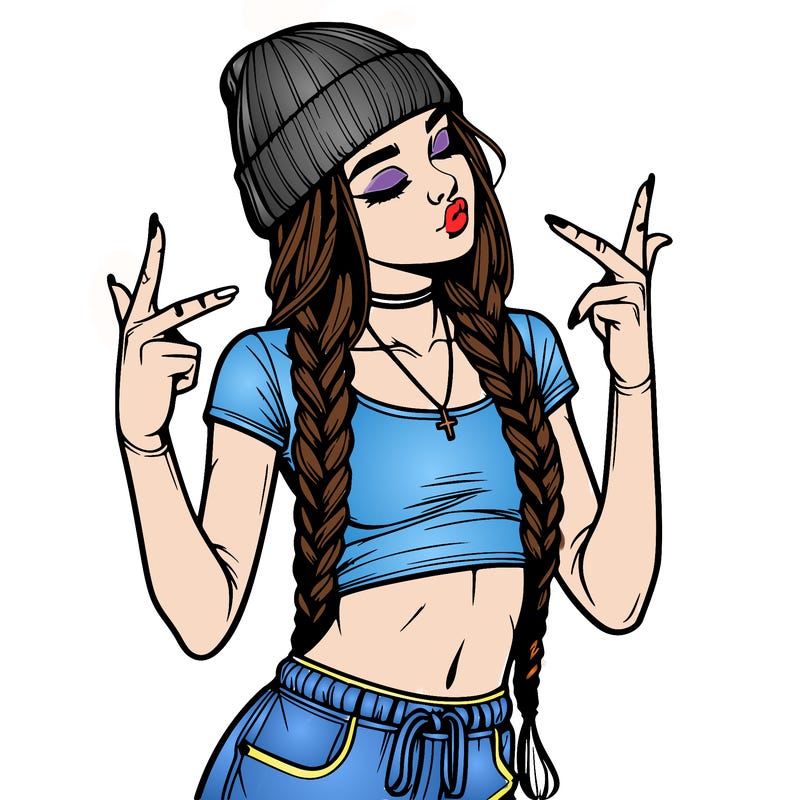 realistic teenage girl with braids and a beanie and crop top doing 🫶🏼