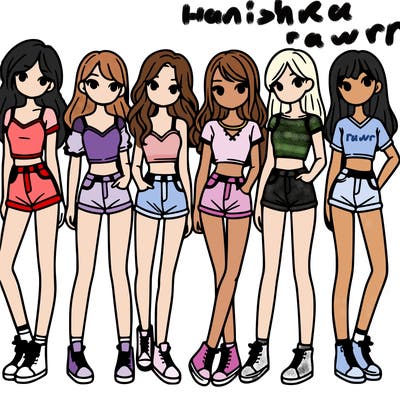 a group of girls wearing crop tops and shorts
