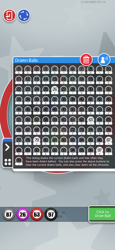 Historienraster, das die Häufigkeit gezogener Kugeln und Statistiken in der Tombola Enhanced App anzeigt