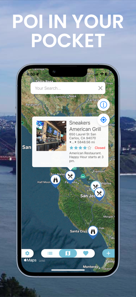 POI MAP - Your Private Places - POI MAP app interface showing a satellite view with restaurant and travel markers on a mobile phone