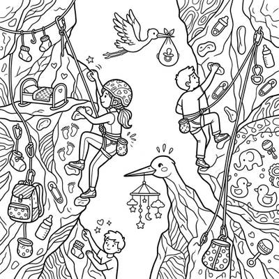 Embark on a charming adventure where the thrill of rock climbing meets the joy of a baby shower! This delightful coloring page features playful climbers navigating rocks adorned with adorable nursery items and friendly storks.