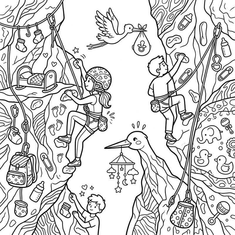 Embark on a charming adventure where the thrill of rock climbing meets the joy of a baby shower! This delightful coloring page features playful climbers navigating rocks adorned with adorable nursery items and friendly storks.