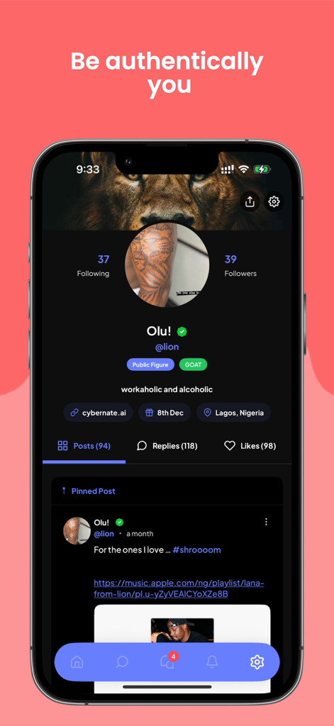 Watever - A screenshot of a user profile page on the Watever app featuring a lion header and social engagement metrics