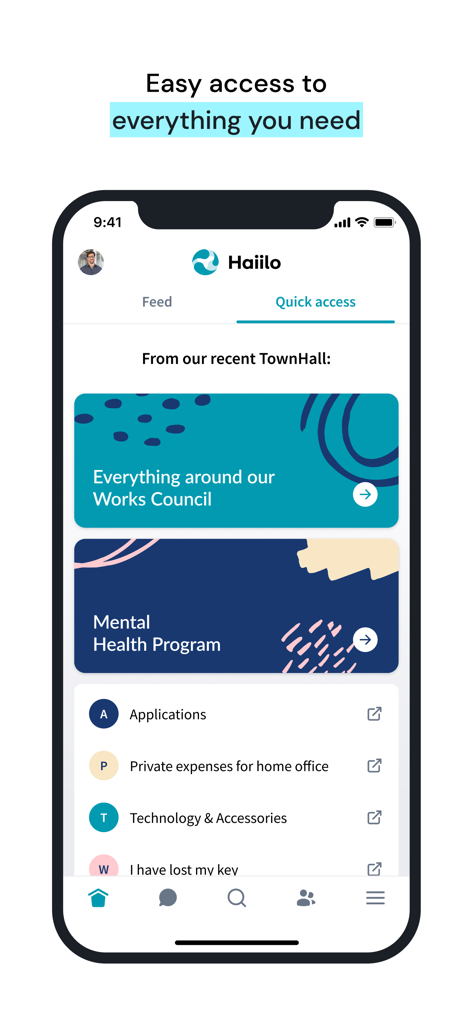 Haiilo - The Haiilo employee app interface showing the Quick Access tab with links to company programs and internal resources.